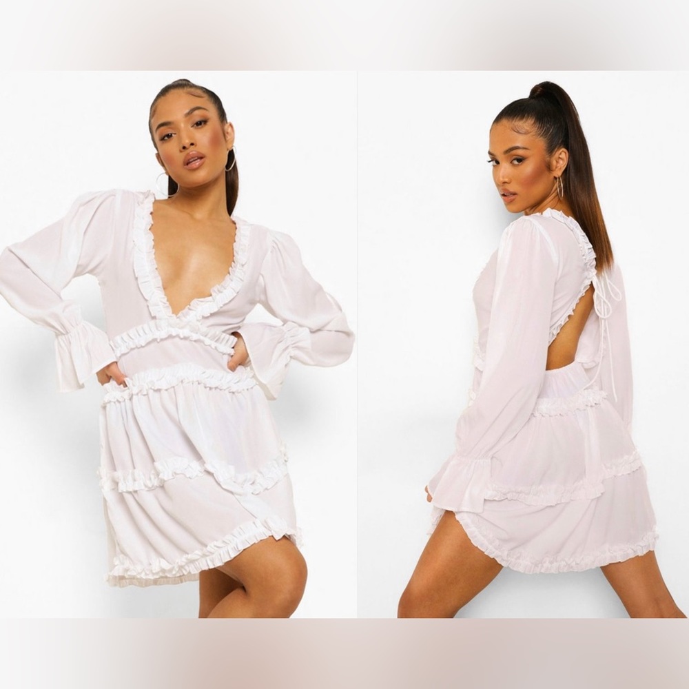 PETITE RUFFLE DETAIL PLUNGE SKATER DRESS - Picture 3 of 3